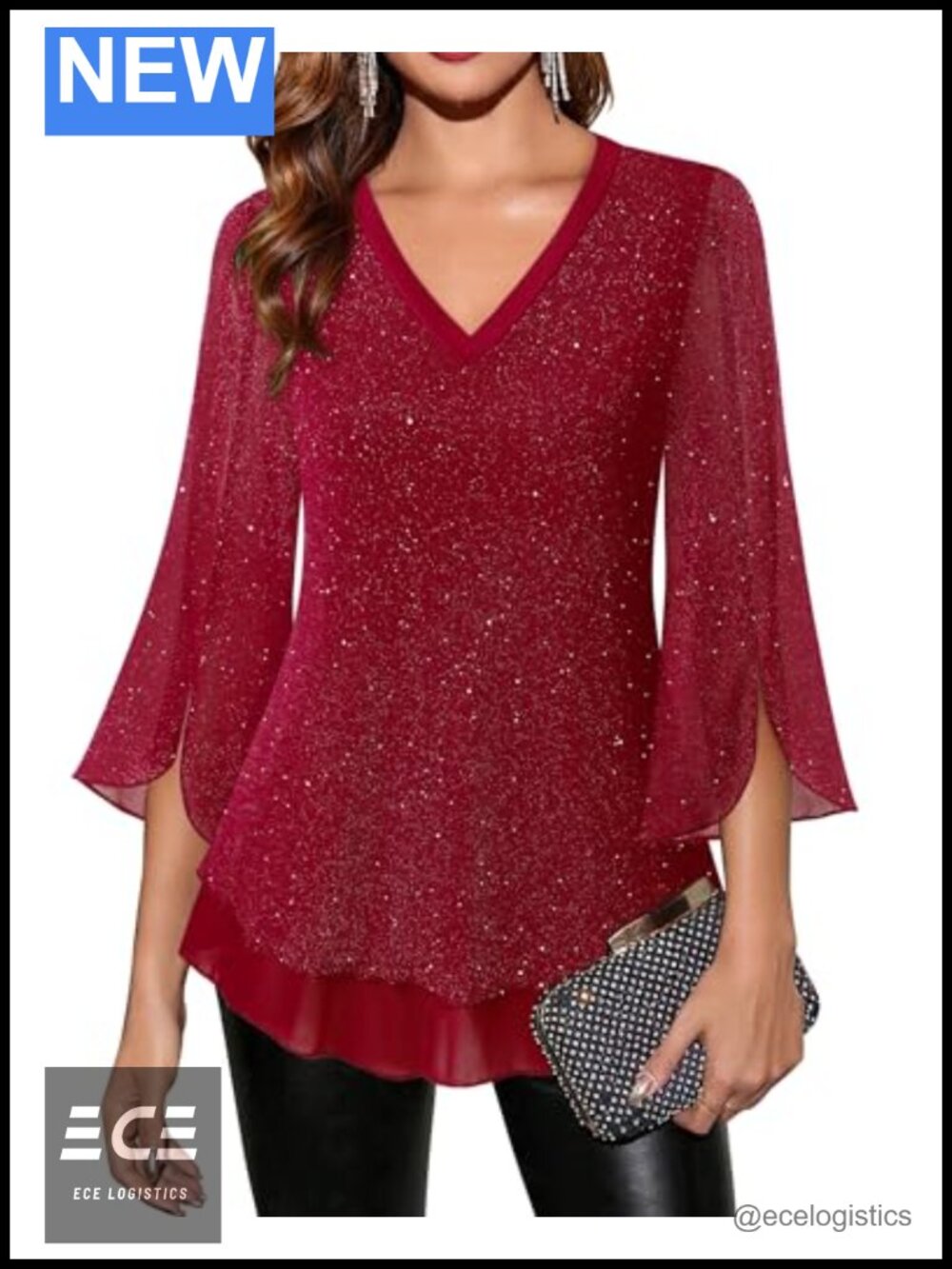 Timeson 3/4 Sleeve Floral Blouse Semi-Sheer Mesh Sparkly Top